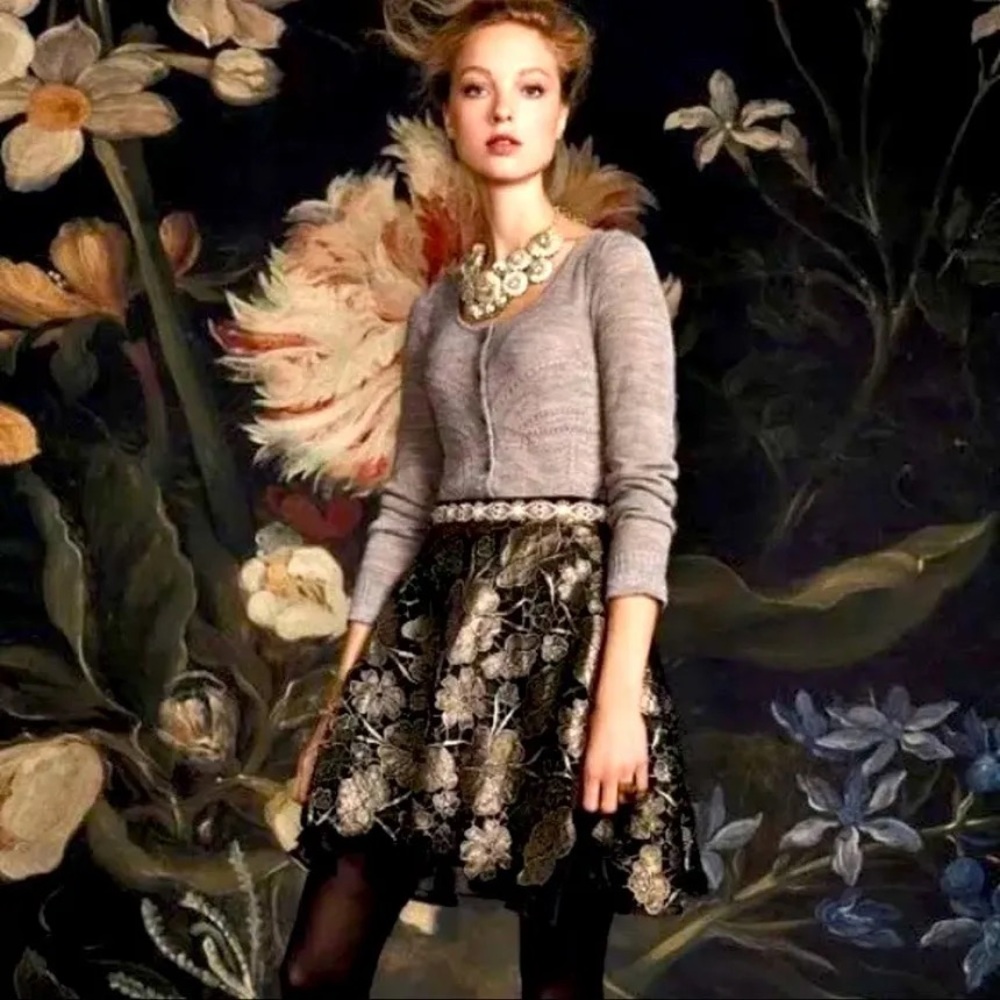ANTHROPOLOGIE EVA FRANCO Black and Gold Floral Lace Layered Skirt 6